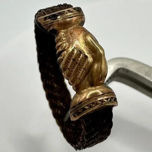 Antique Victorian 1870s solid 10kt gold Fede clasped hands woven hair ring 11.5 - Picture 4 of 8